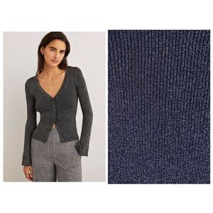 Boden Women’s Navy Ribbed Metallic Bell Sleeve Cardigan Sweater